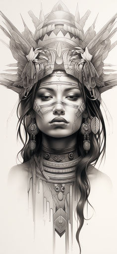 Nostalgic Illustration: Woman's Tattoo in Aztec Art Style