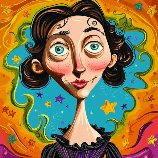 Humorous caricature of an Emily Brontë caricature clipart with human characteristics, exaggerated dimpled chin, with toes feet, surrounded by stars, vibrant colors, cartoon style, surprised, high-resolution, no background, isolated