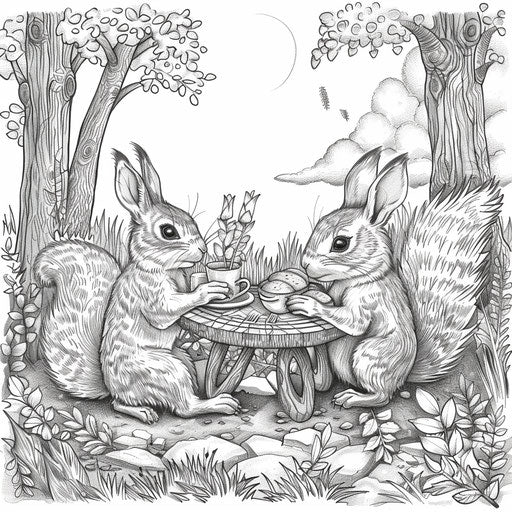 A whimsical scene of a rabbit and squirrel sharing a picnic in the woods