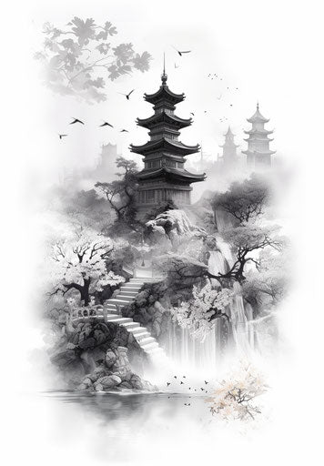 Intricate black and white pagoda, classic tattoo style