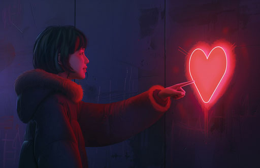 Woman pointing at dark heart, animated gif style, 3D
