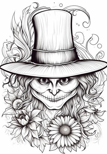 Free scarecrow in hat coloring page, parodic style, dark orange and dark aquamarine, primitivist elements