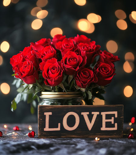 Red roses bouquet with a wooden 'LOVE' sign
