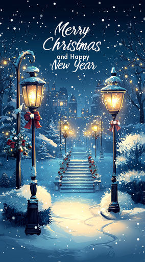 Snowy Christmas night with lanterns and trees covered in white snow