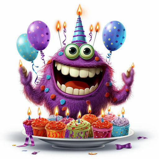 Funny happy birthday clip art in the style of Chiaroscuro Art, on white background