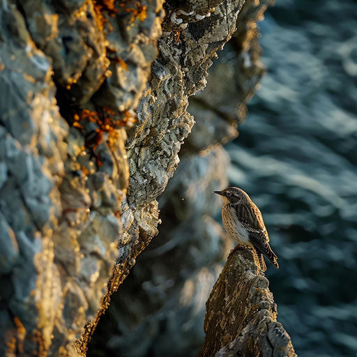Wall creeper bird exploring sea cliffs at dawn