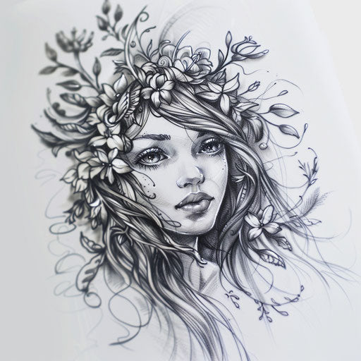 Fairy queen tattoo, regal and majestic, crown of flowers
