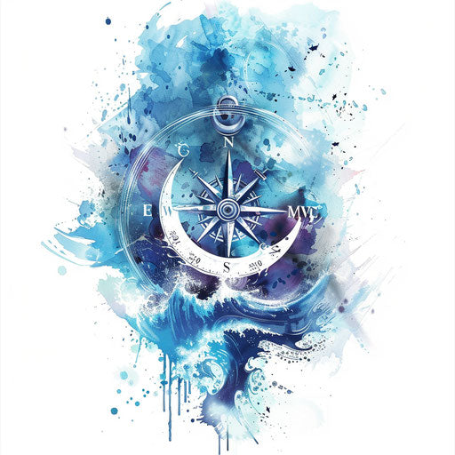 Pirate compass tattoo surrounded by stormy waves