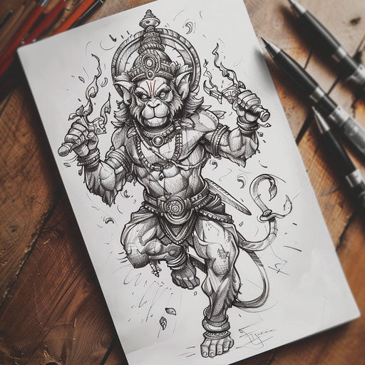Bold and dynamic flat tattoo sketch with Hanuman in a battle stance