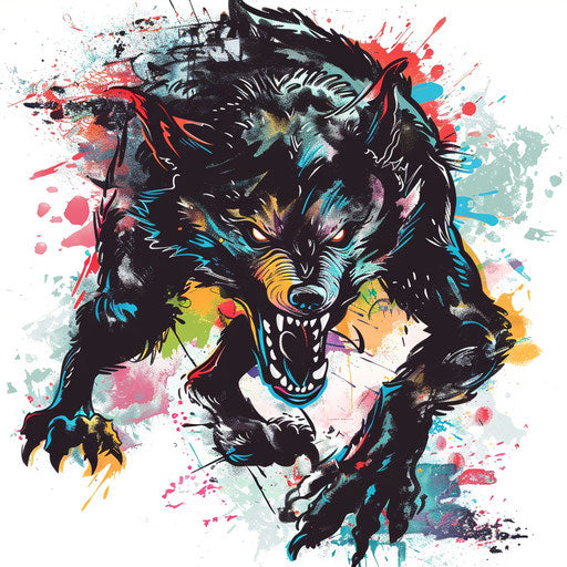 Playful werewolf tattoo sketch with bright splashes of color