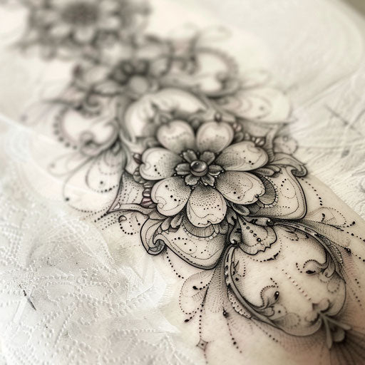 Elegant embroidered cross with lace patterns and soft grey tones