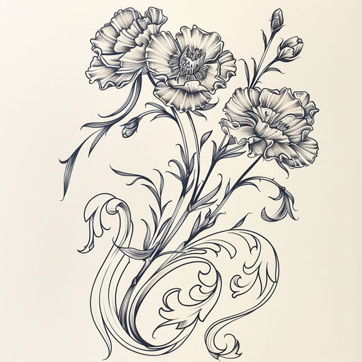 Art nouveau inspired carnation tattoo on white background
