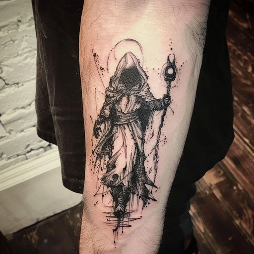Small tattoo of a dark sorcerer, in the style of Gerald Brom