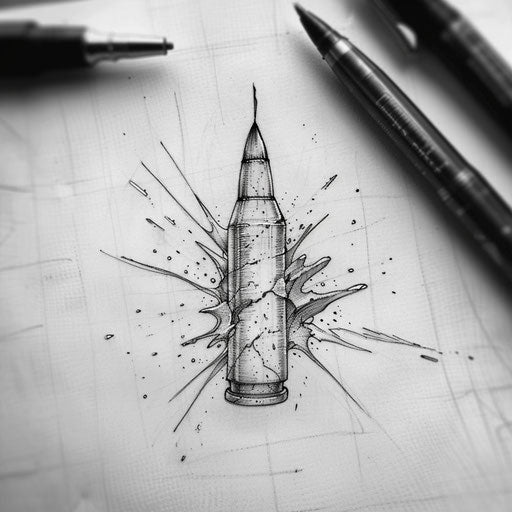 Bold tattoo sketch of a flat bullet with dramatic, detailed impact marks
