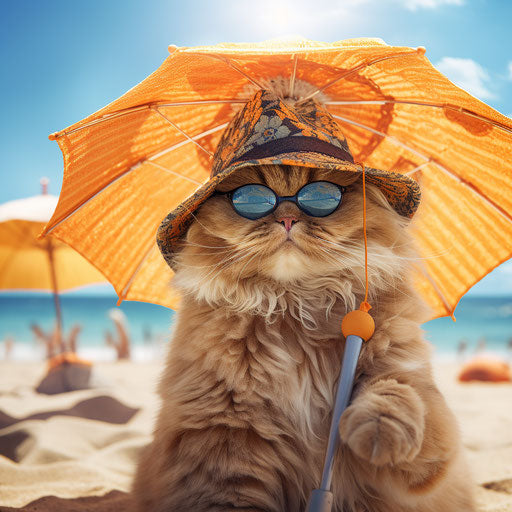 Cat with hat and sunglasses on beach holding umbrella