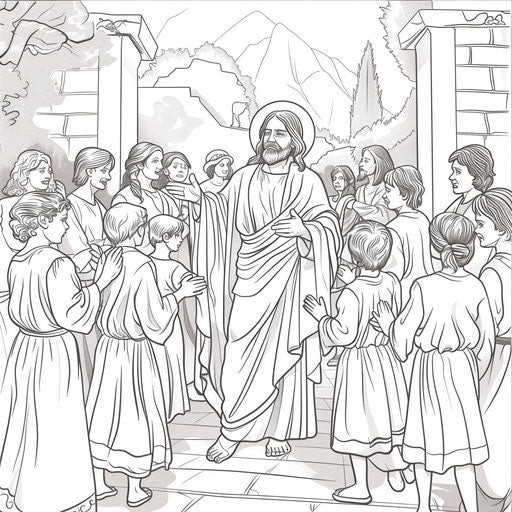 Jesus blessing a group of people with open arms