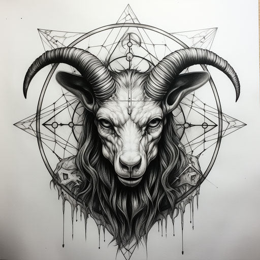 Goat with pentagrams on face, horror academia style