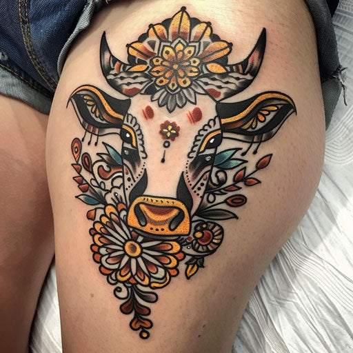 Neo-traditional cow tattoo with intricate detailing