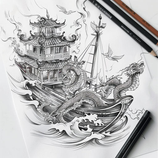 Exotic flat tattoo sketch of a boat with ornamental Asian dragon motifs