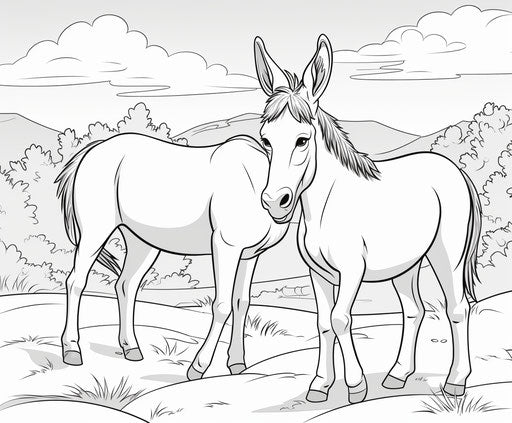 Outlined donkeys coloring pages in thick paint style, captivating 6:5