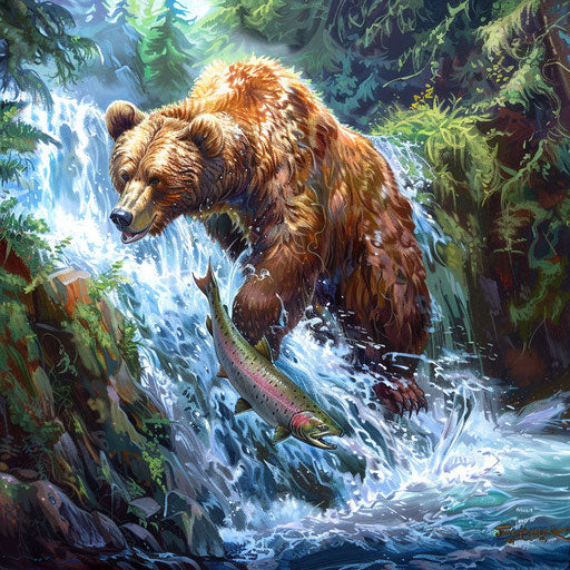 Grizzly bear catching salmon in a rushing river