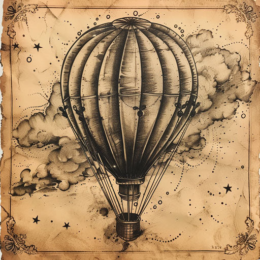 Flat tattoo sketch of a vintage hot air balloon rising into a dreamy sky