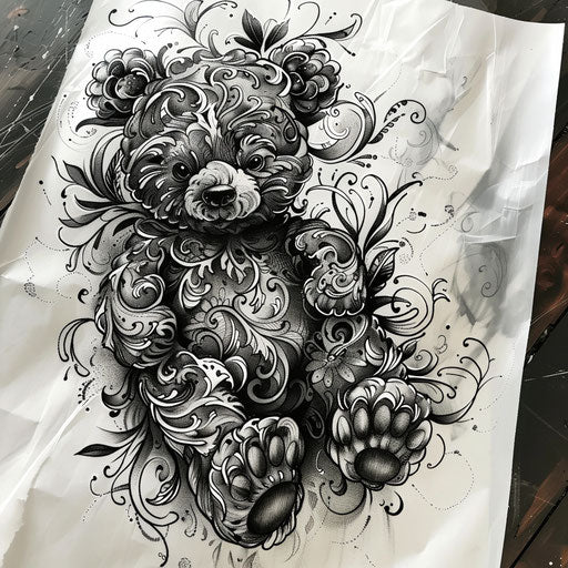 Black and grey teddy bear tattoo design on white paper
