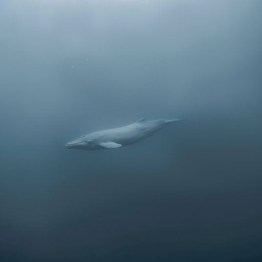 Beluga whale navigating through dense fog over water
