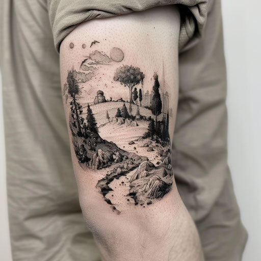 Elbow tattoo of a surreal landscape in David Palumbo style