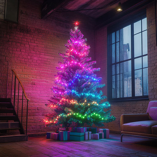 Vibrant neon Christmas tree in stylish urban loft