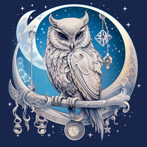 Owl on the crescent, stylized silver motifs, organic forms