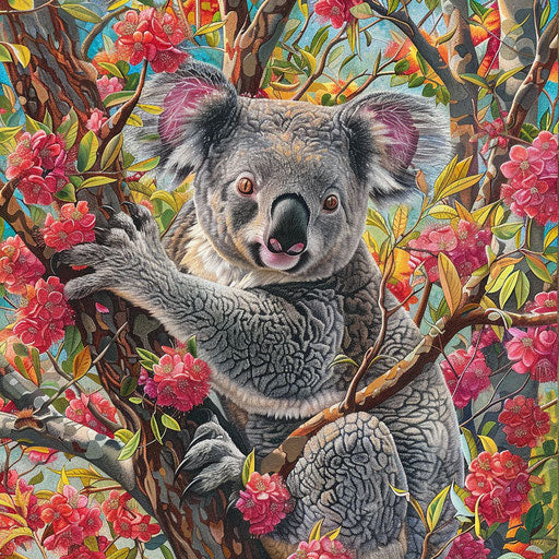 Koala amidst vibrant tree blossoms