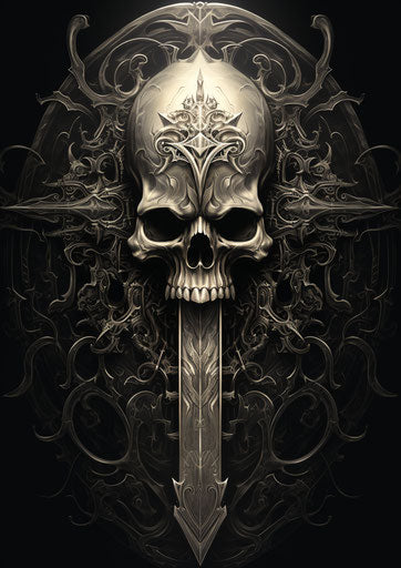 Grim reaper skull with sword, intricate pencil work