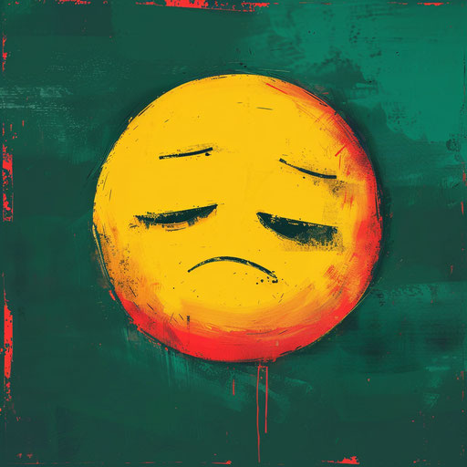 Sleepy yellow emoticon on light red and dark green background