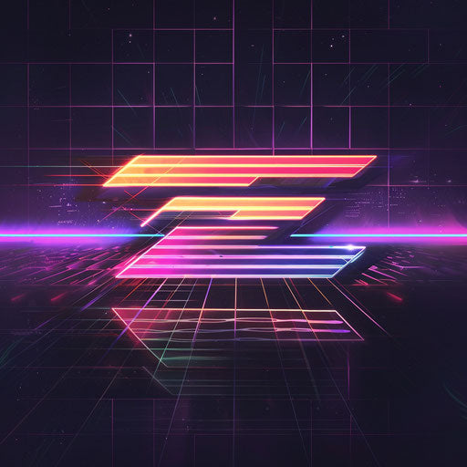 Retro logo with neon colors inspired by the 80s on dark grid background