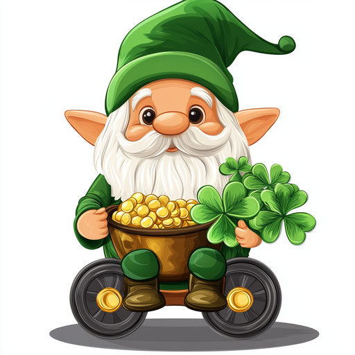 St. Patrick's Day, a cute gnome sitting on wheels with a pot of gold and a bouquet of shamrock leaves in his hands, wearing a green hat and a white beard.