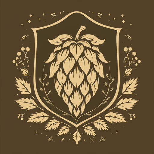Craft beer logo with rustic hops design on dark brown background
