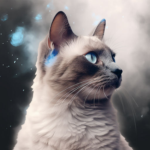 Grey cat sitting on white background, dark beige and sky-blue style