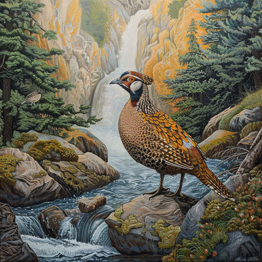 Quail by a clear stream, in the style of Paul Souders