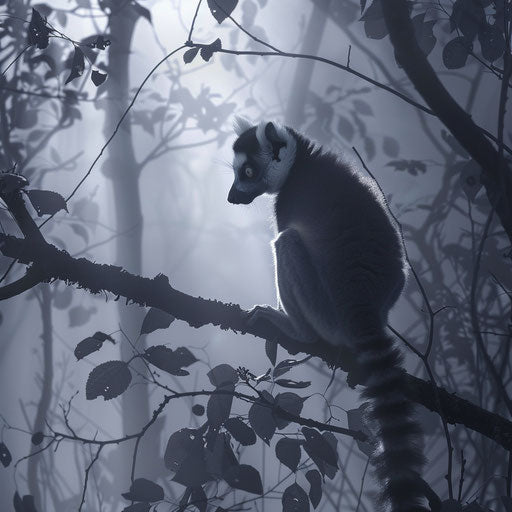 Lemur in a misty forest, soft and ethereal