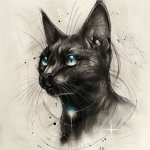 Fantasy black cat tattoo with magical elements on white