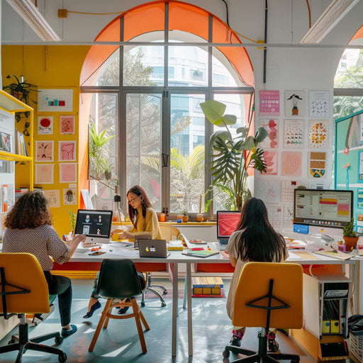 Creative workspace for an agency with designers working on graphics, colorful and trendy interior
