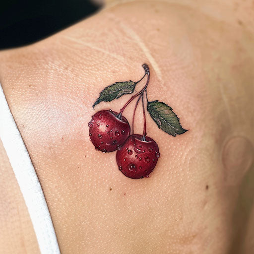 Realistic cherry tattoo with dew-dropped cherries