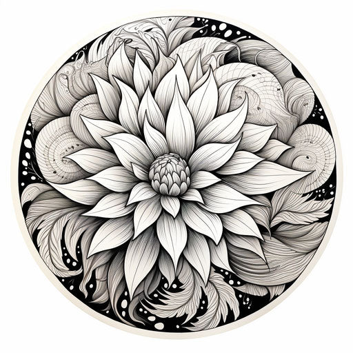 Black and white doodle with central pattern, delicate styling