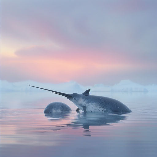 A mother narwhal and her calf in the soft light of an Arctic sunrise