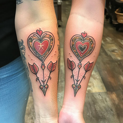 Mother-daughter tattoos with matching hearts and arrows