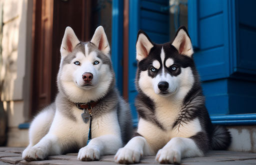 Two huskies sitting together in blue, red, and silver style