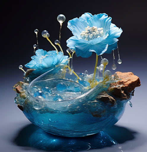 Lonely blue flower in rock bowl, aquamarine style