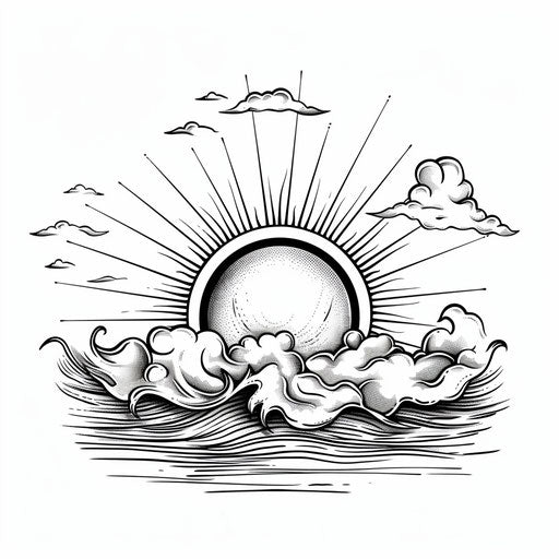 Hand-drawn tattoo sketch of a rising sun