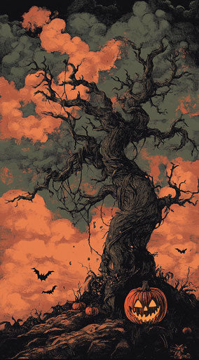 Halloween background with old tree, pumpkins, and dark clouds